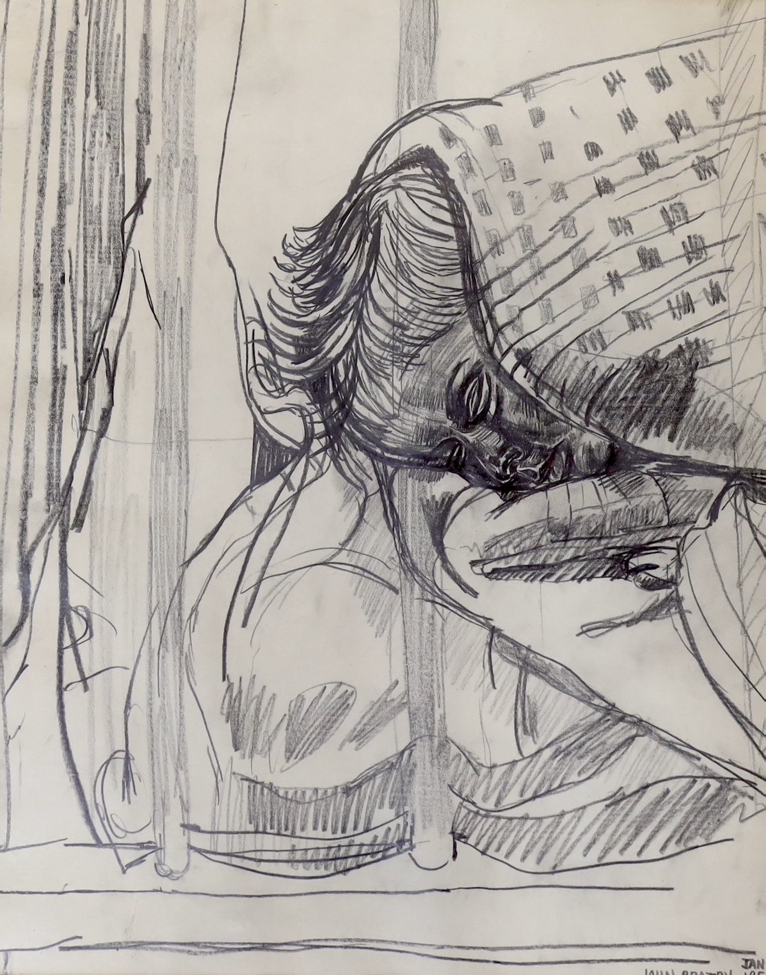 John Bratby (British 1928-1992), pencil drawing, 'David asleep', signed and dated 1957, Beaux Arts label verso, 43 x 35cm